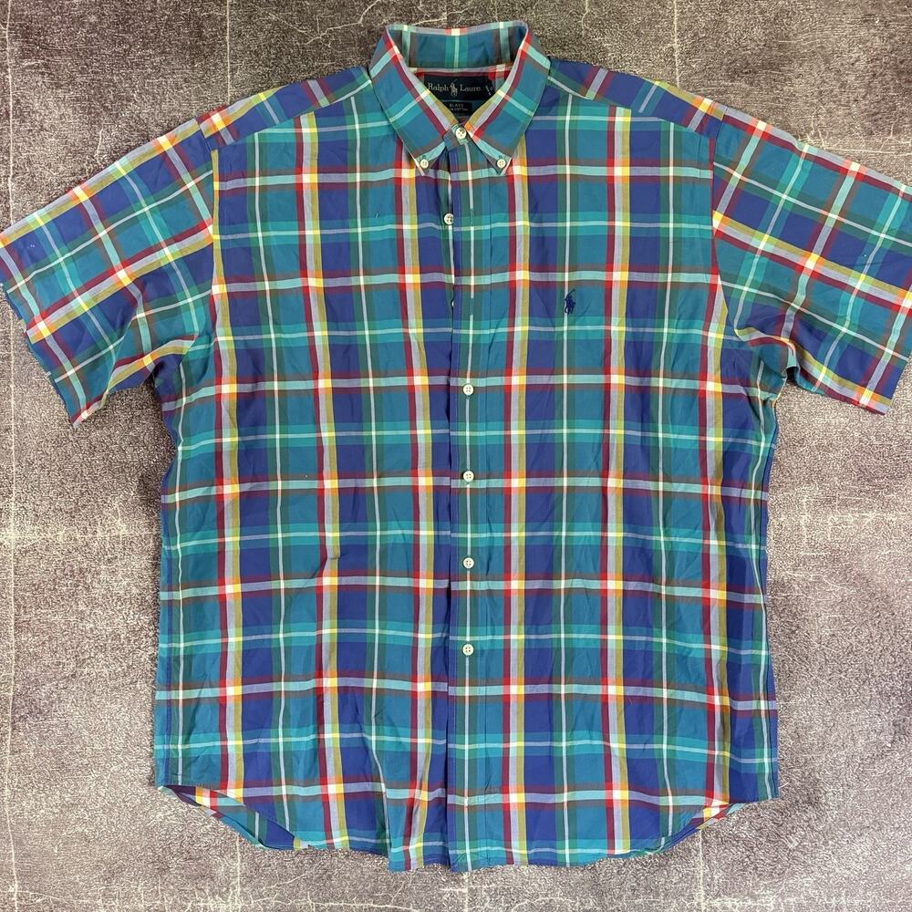 Mens Vintage 90s Ralph Lauren Blake Blue Plaid Short Sleeve Button Up Shirt Sz L